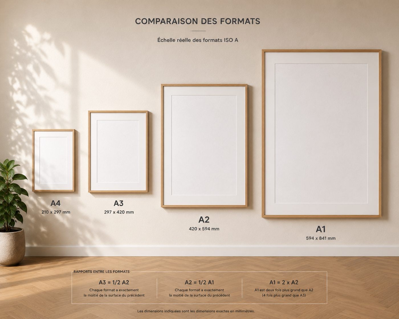 Comparaison des formats A4, A3, A2 et A1 à l’échelle réelle sur un mur